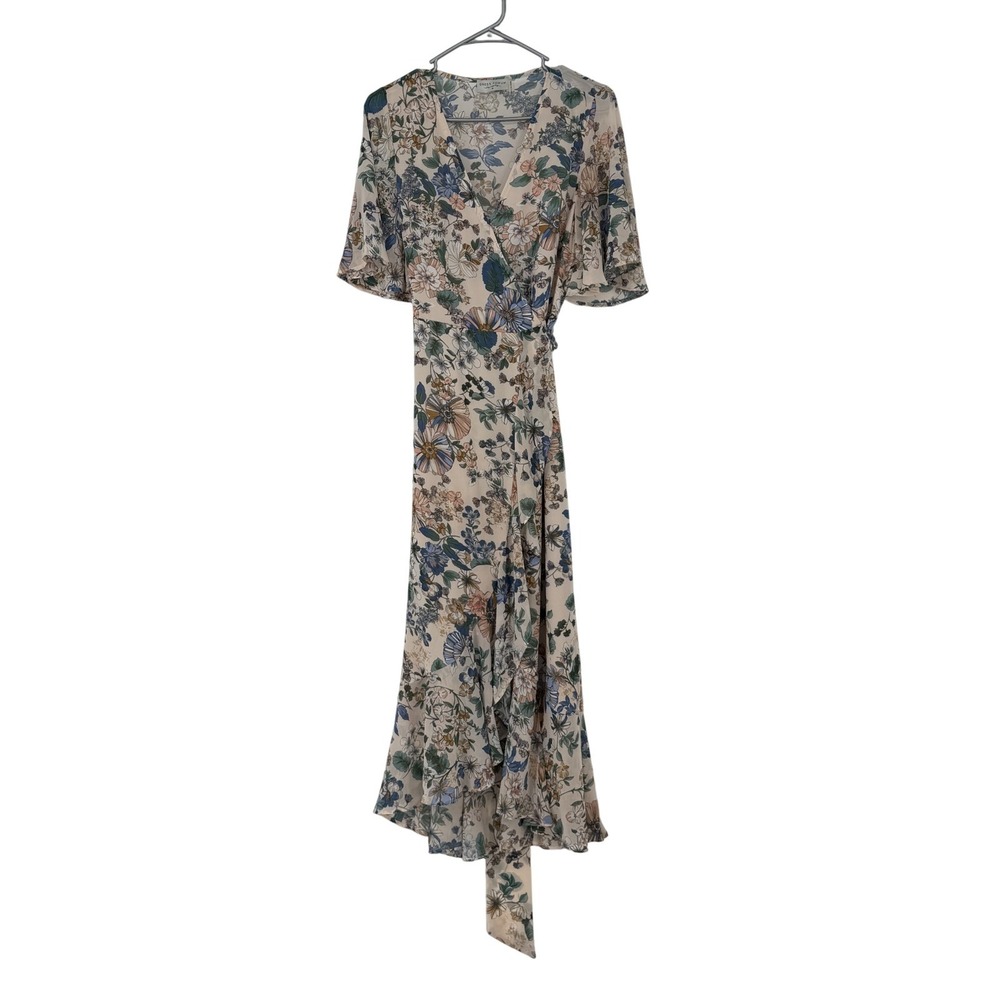Dress Forum Floral Wrap Maxi Dress Flutter Sleeve Tan Blue Size M Flowy Romantic - Picture 2 of 7